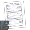 Check writing template with three blank check forms on a white background
