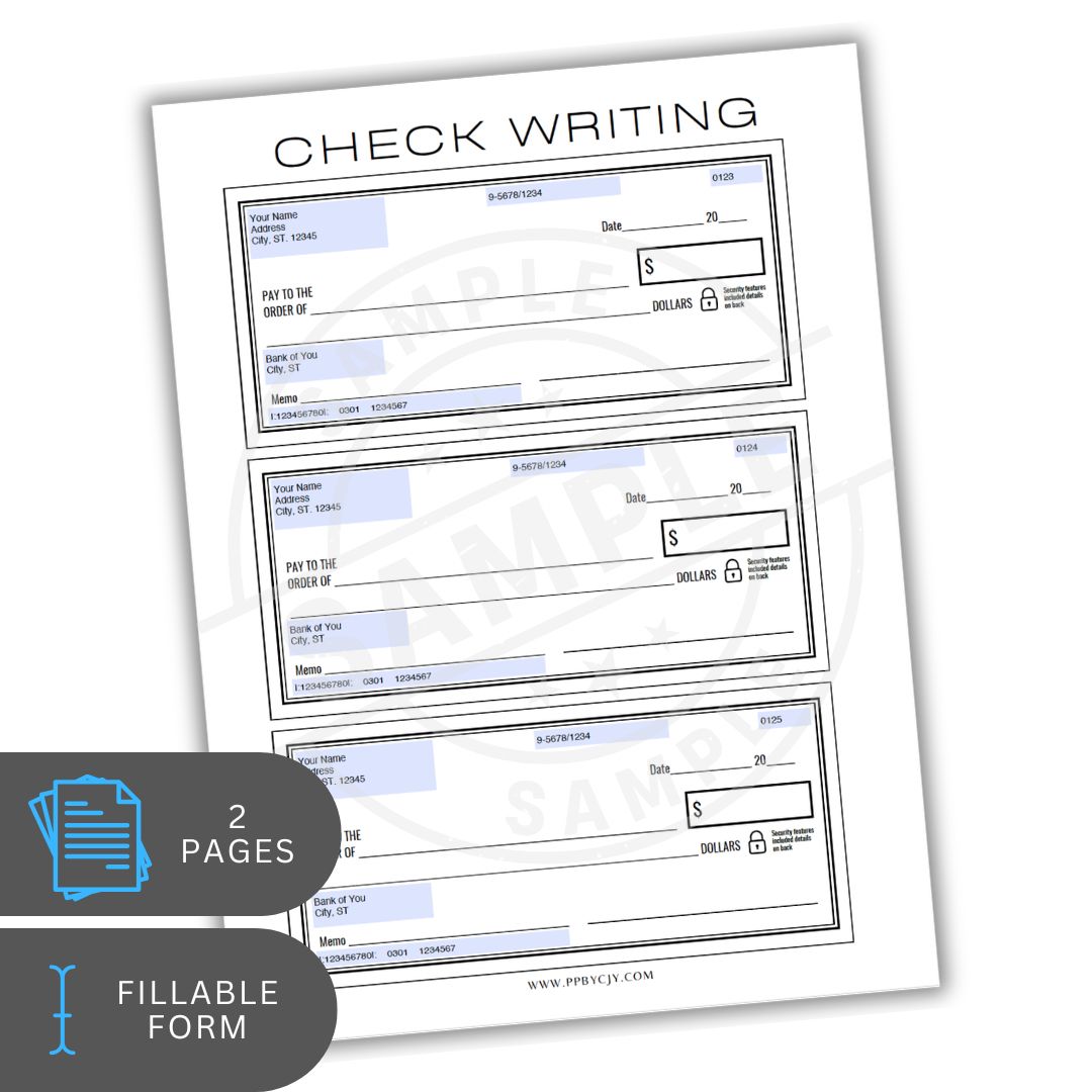 Check writing template with three blank check forms on a white background