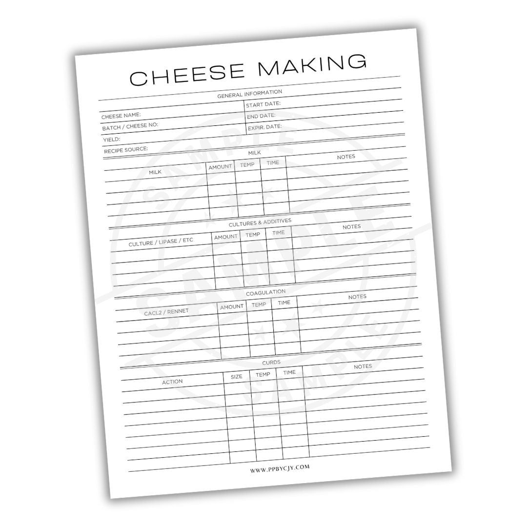 Cheese making log sheet with columns for recording details on a white background.