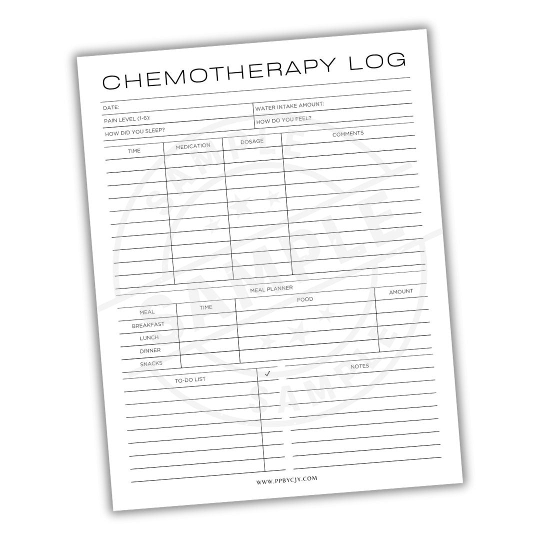 Chemotherapy log sheet with various fields for recording information on a white background.