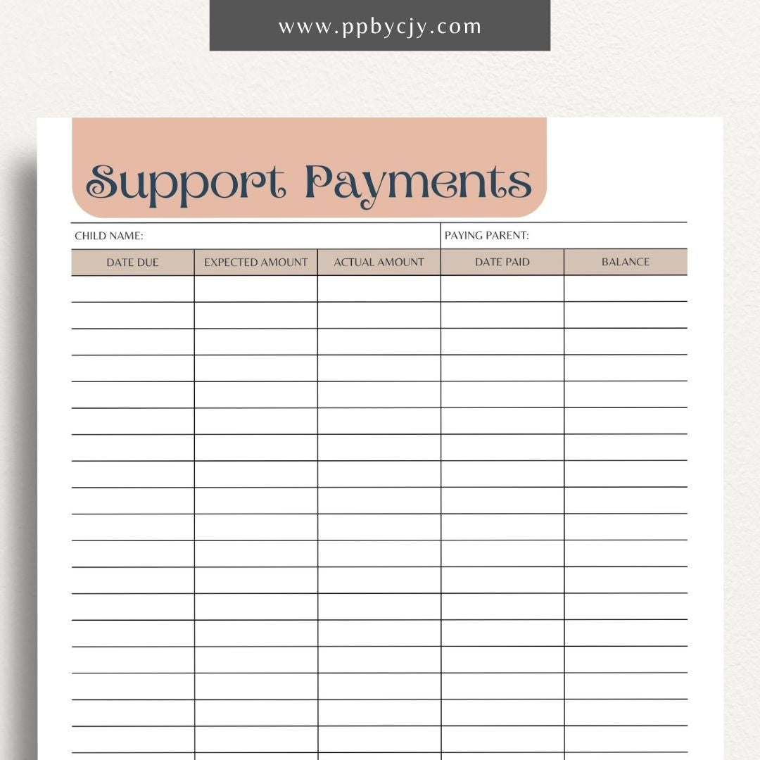 Child Support Payment Log Printable Template – Digital Download for Tracking and Recording Child Support Payments