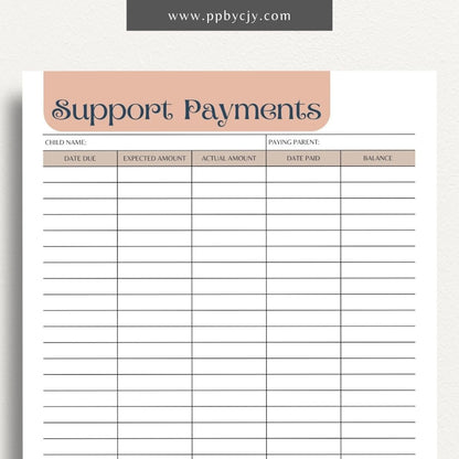 Child Support Payment Log Printable Template – Digital Download for Tracking and Recording Child Support Payments