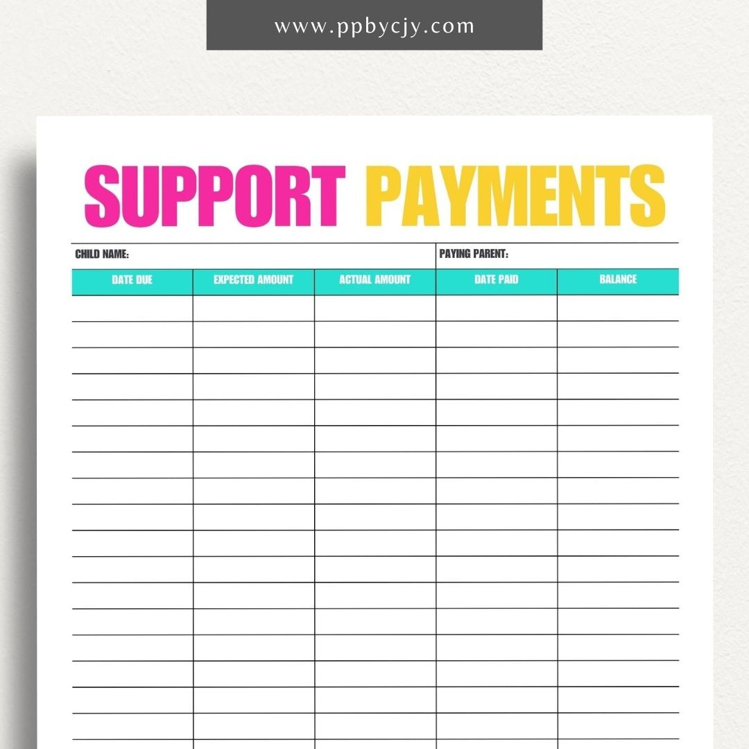 Child Support Payment Log Printable Template – Digital Download for Tracking and Recording Child Support Payments