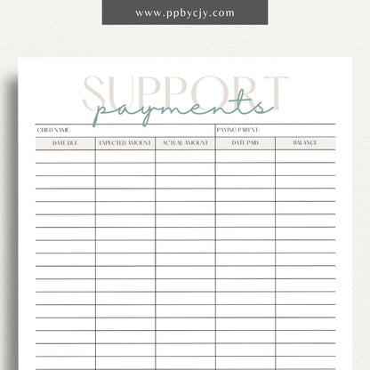 Child Support Payment Log Printable Template – Digital Download for Tracking and Recording Child Support Payments