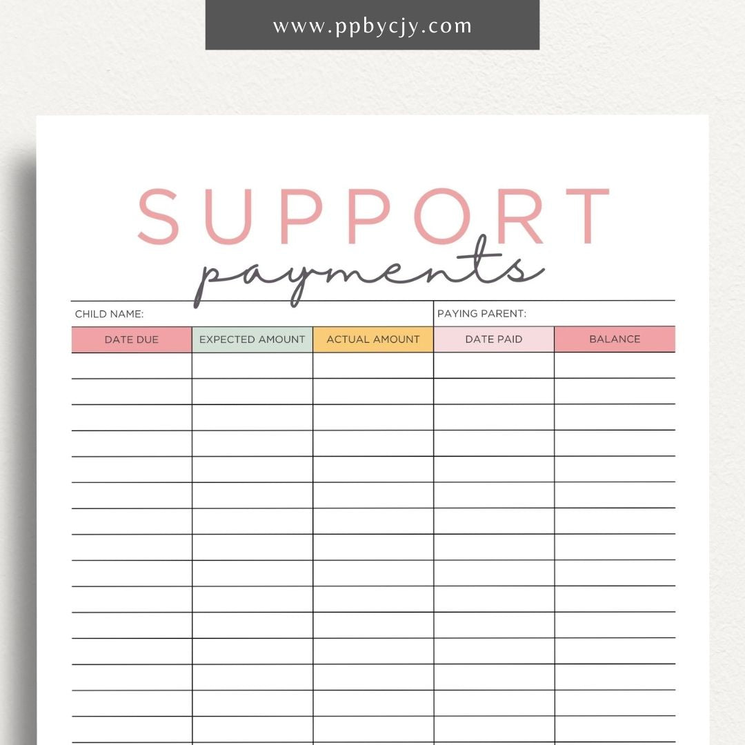 Child Support Payment Log Printable Template – Digital Download for Tracking and Recording Child Support Payments