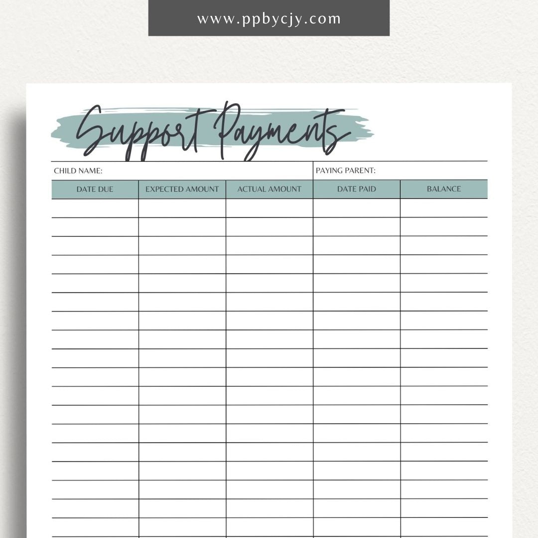 Child Support Payment Log Printable Template – Digital Download for Tracking and Recording Child Support Payments