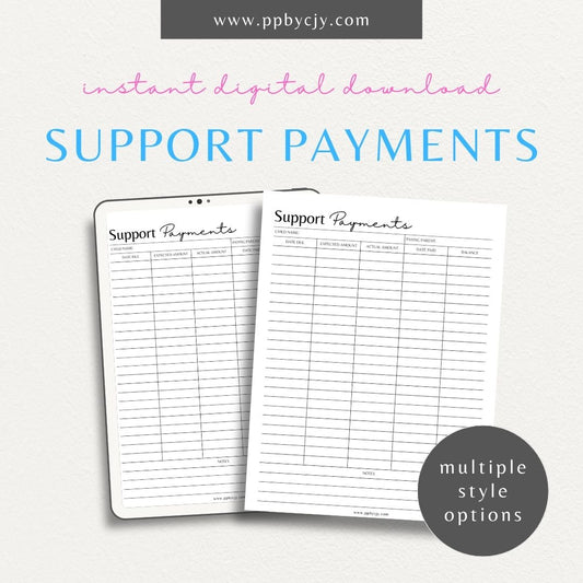 Child Support Payment Log Printable Template – Digital Download for Tracking and Recording Child Support Payments