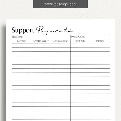 Child Support Payment Log Printable Template – Digital Download for Tracking and Recording Child Support Payments