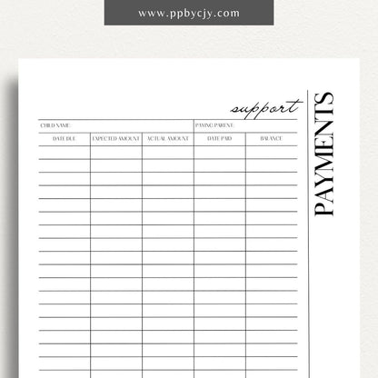 Child Support Payment Log Printable Template – Digital Download for Tracking and Recording Child Support Payments