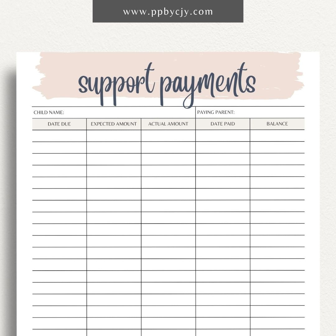 Child Support Payment Log Printable Template – Digital Download for Tracking and Recording Child Support Payments