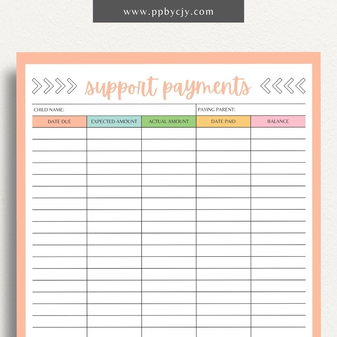 Child Support Payment Log Printable Template – Digital Download for Tracking and Recording Child Support Payments