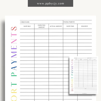 Child Support Payment Log Printable Template – Digital Download for Tracking and Recording Child Support Payments