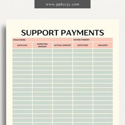 Child Support Payment Log Printable Template – Digital Download for Tracking and Recording Child Support Payments