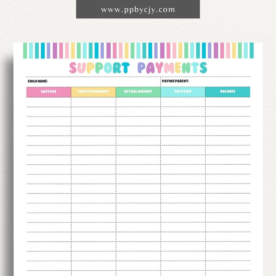 Child Support Payment Log Printable Template – Digital Download for Tracking and Recording Child Support Payments