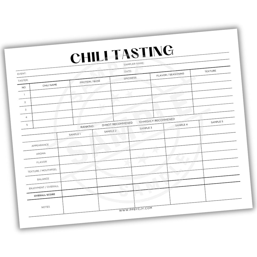Chili tasting sheet with a white background