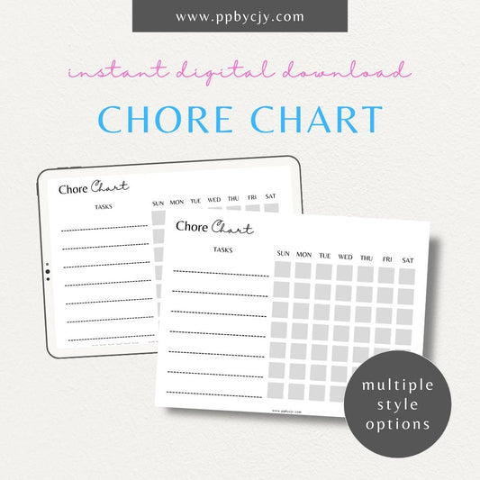 Daily Chore Chart Printable Template – Digital Download for Organizing Household Tasks with sections for listing chores, assigning responsibilities, and tracking completion.