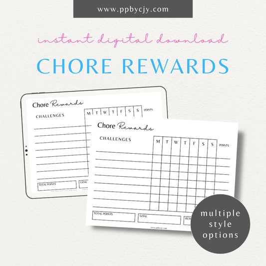 Kids Chore Reward Chart Printable Template – Digital Download for Tracking Chores and Rewards with sections for tasks, rewards, and progress to motivate children.