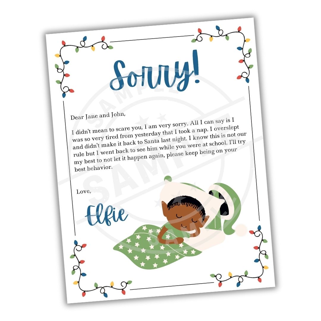 Letter from Elfie apologizing with a cartoon elf character on a white background