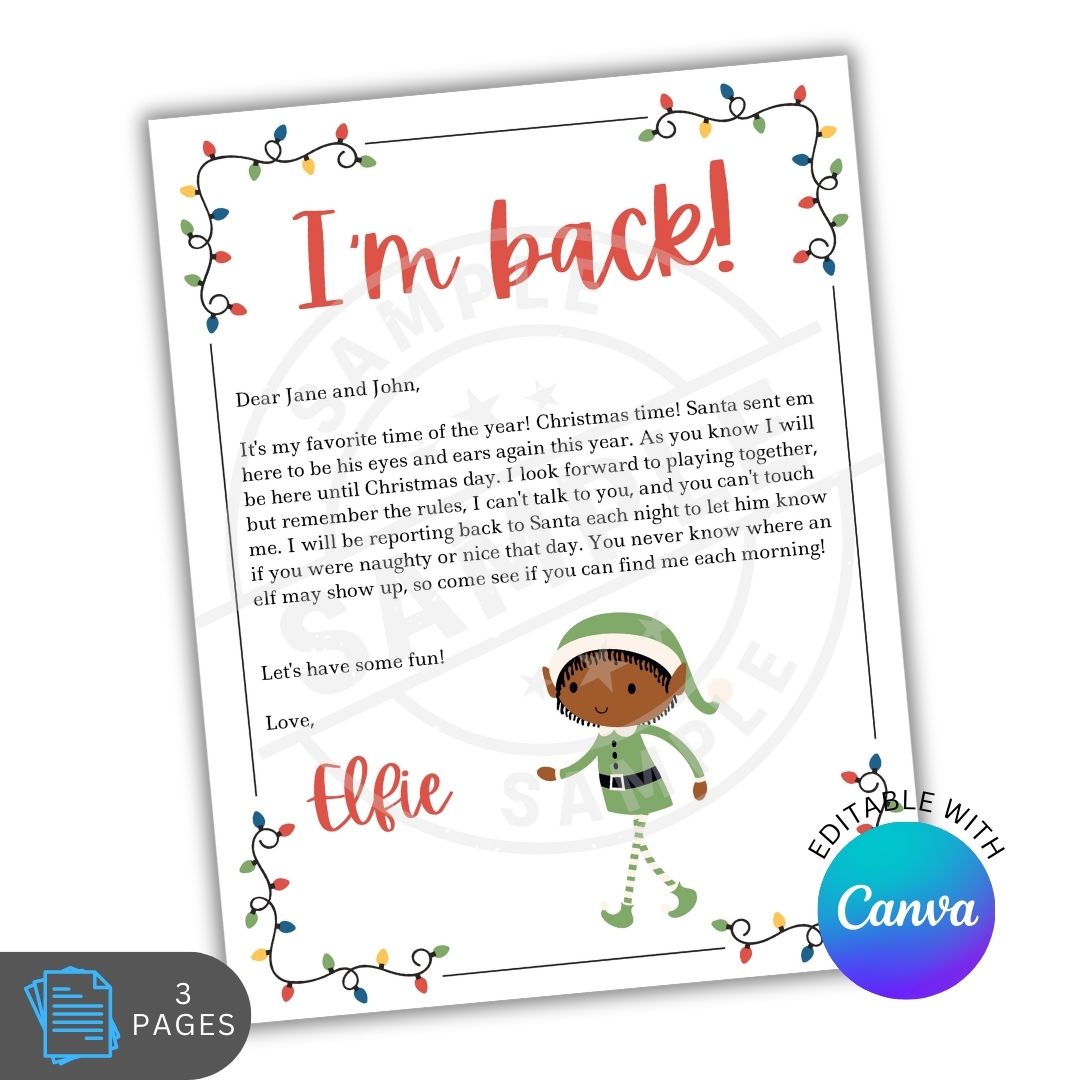 Letter from an elf with Christmas lights and editable text feature on a white background