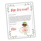 Letter from an elf with Christmas lights and a child's illustration on a white background