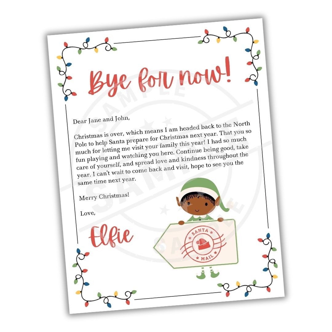 Letter from an elf with Christmas lights and a child's illustration on a white background