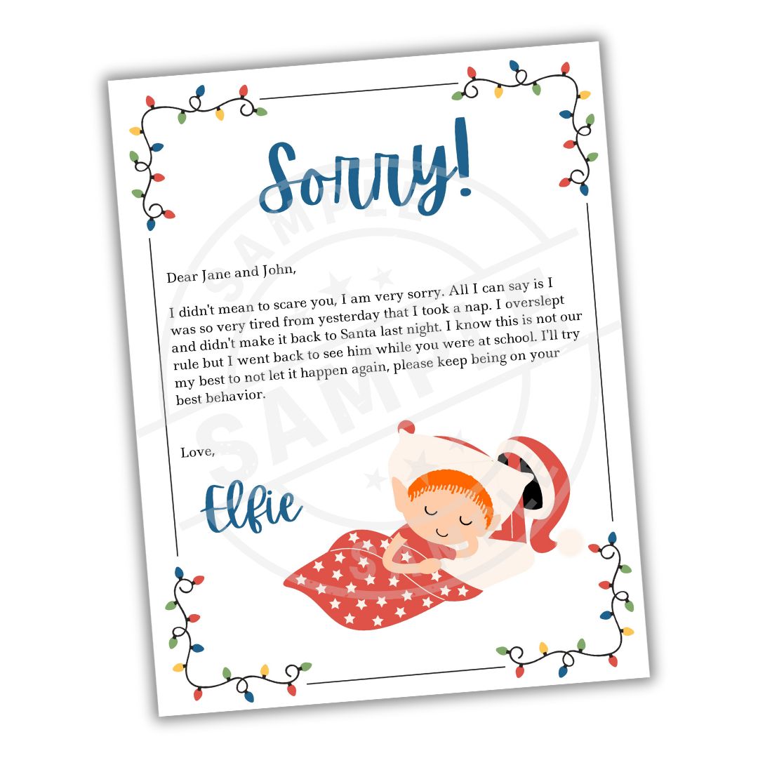 Letter from an elf apologizing with Christmas lights and text on a white background