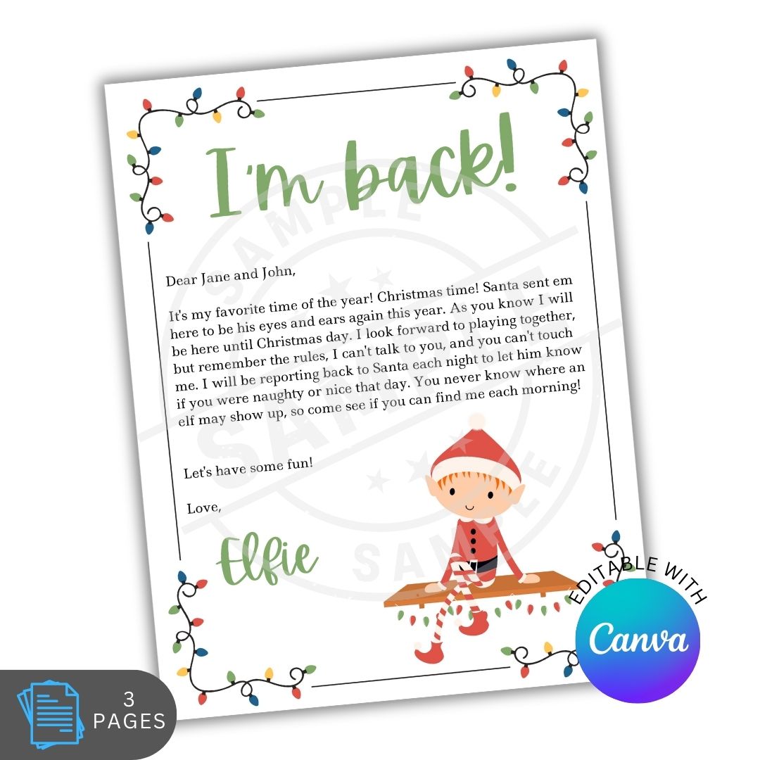 Letter from Elfie with Christmas lights and Canva logo