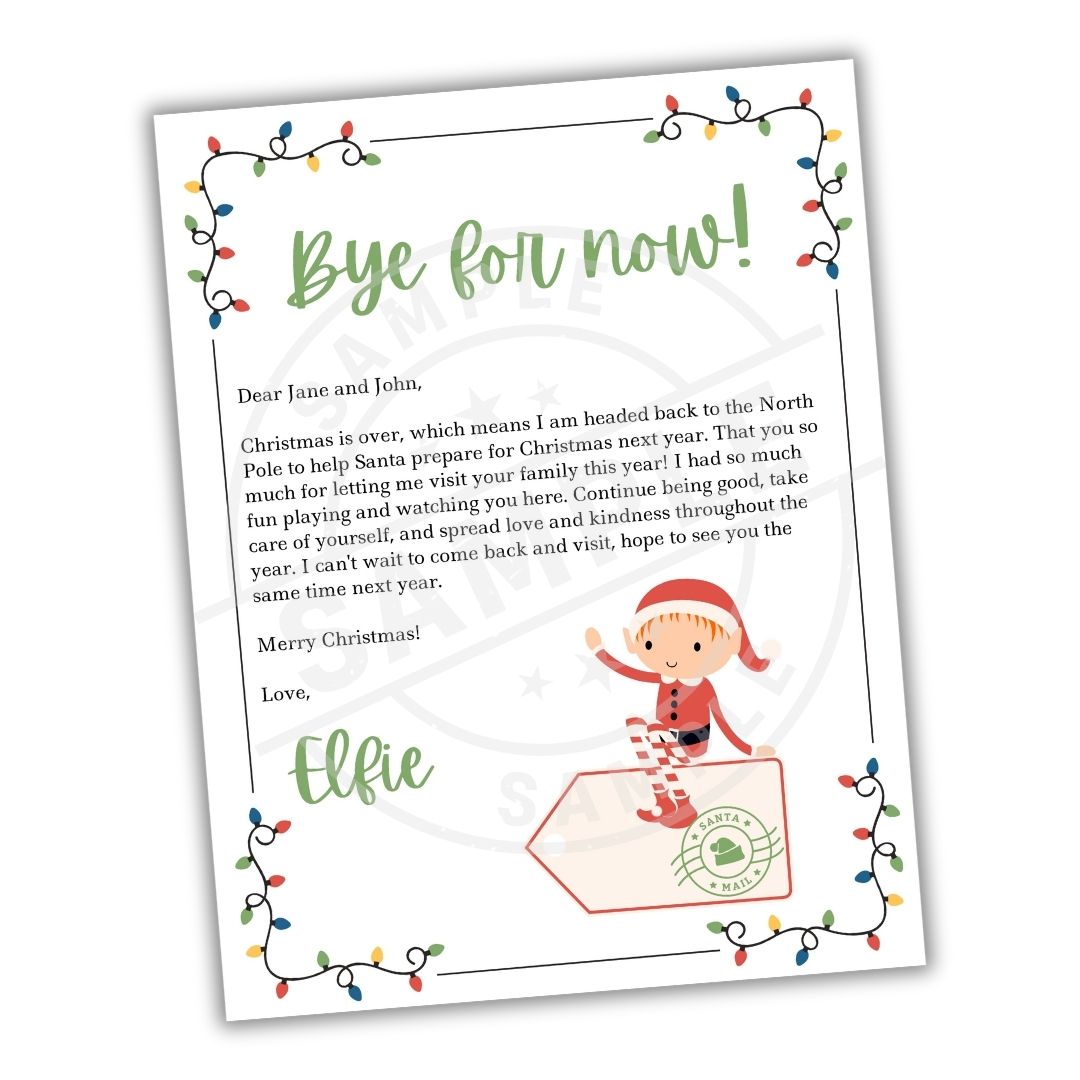 Letter from an elf with Christmas lights and a cartoon elf on a white background