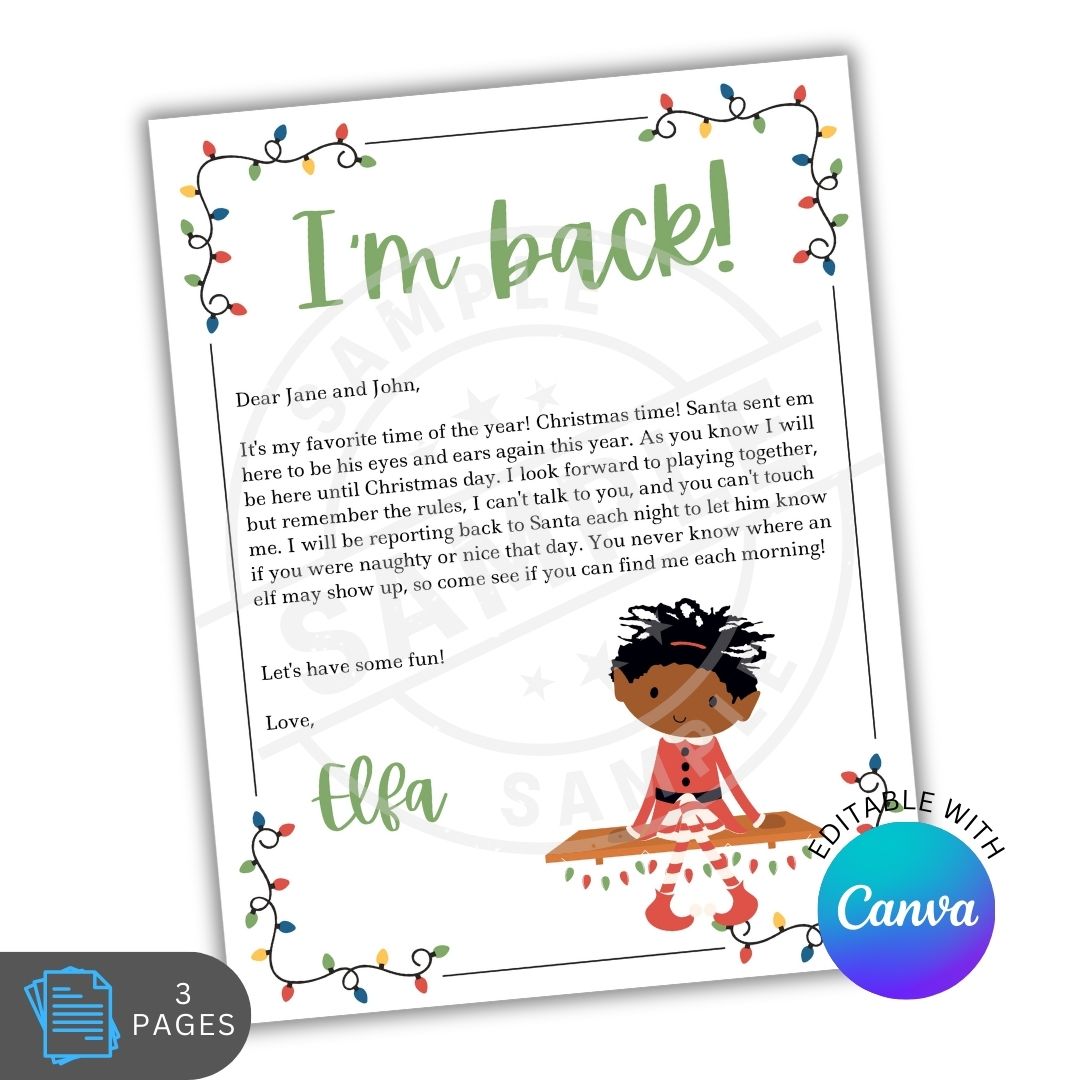 Letter from Elf on the Shelf with colorful lights and Canva branding.
