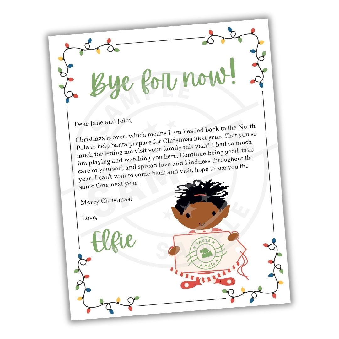 Letter from Elfie with Christmas lights and an illustration of an elf on a white background