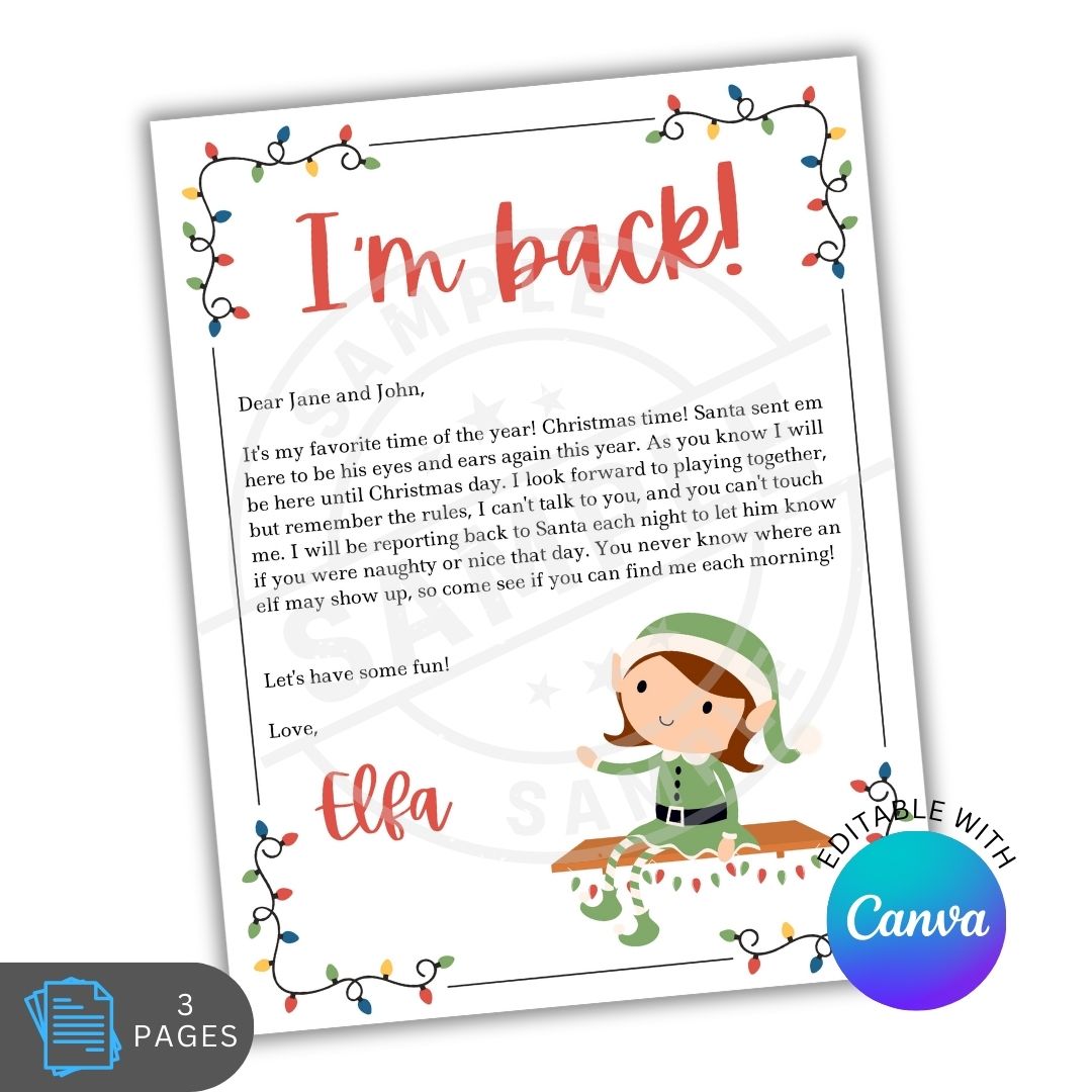 Letter from Elf on a white background with Christmas lights and Canva logo.