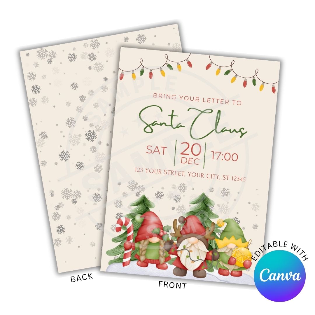 Christmas-themed invitation with gnomes and Santa Claus text, featuring Canva branding.