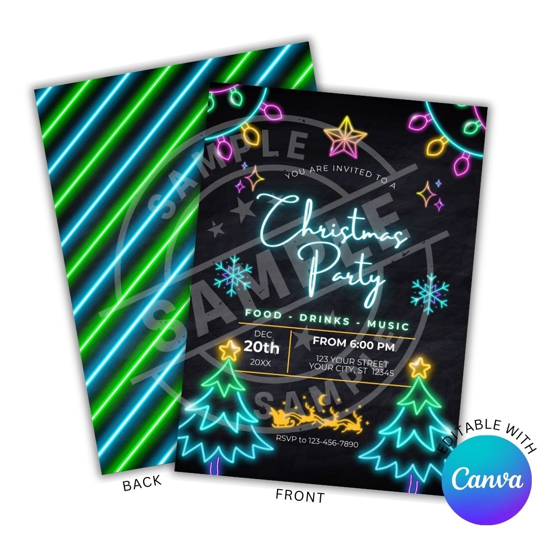 Neon Christmas party invitation with festive lights and text on a white background