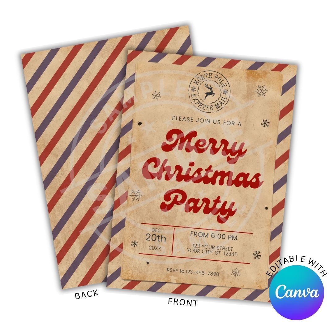 Christmas party invitation with vintage airmail design and Canva branding.