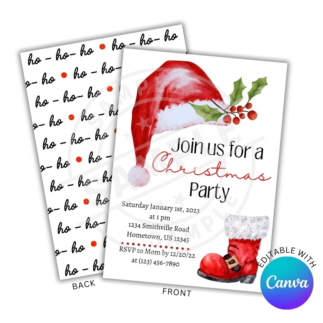 Christmas party invitation with Santa hat and text, featuring Canva logo.