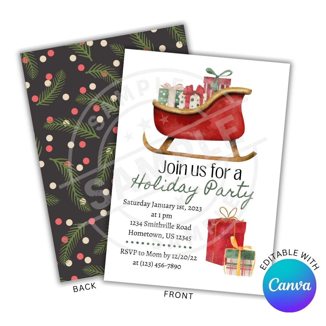Holiday party invitation with sleigh and presents design, featuring Canva branding.