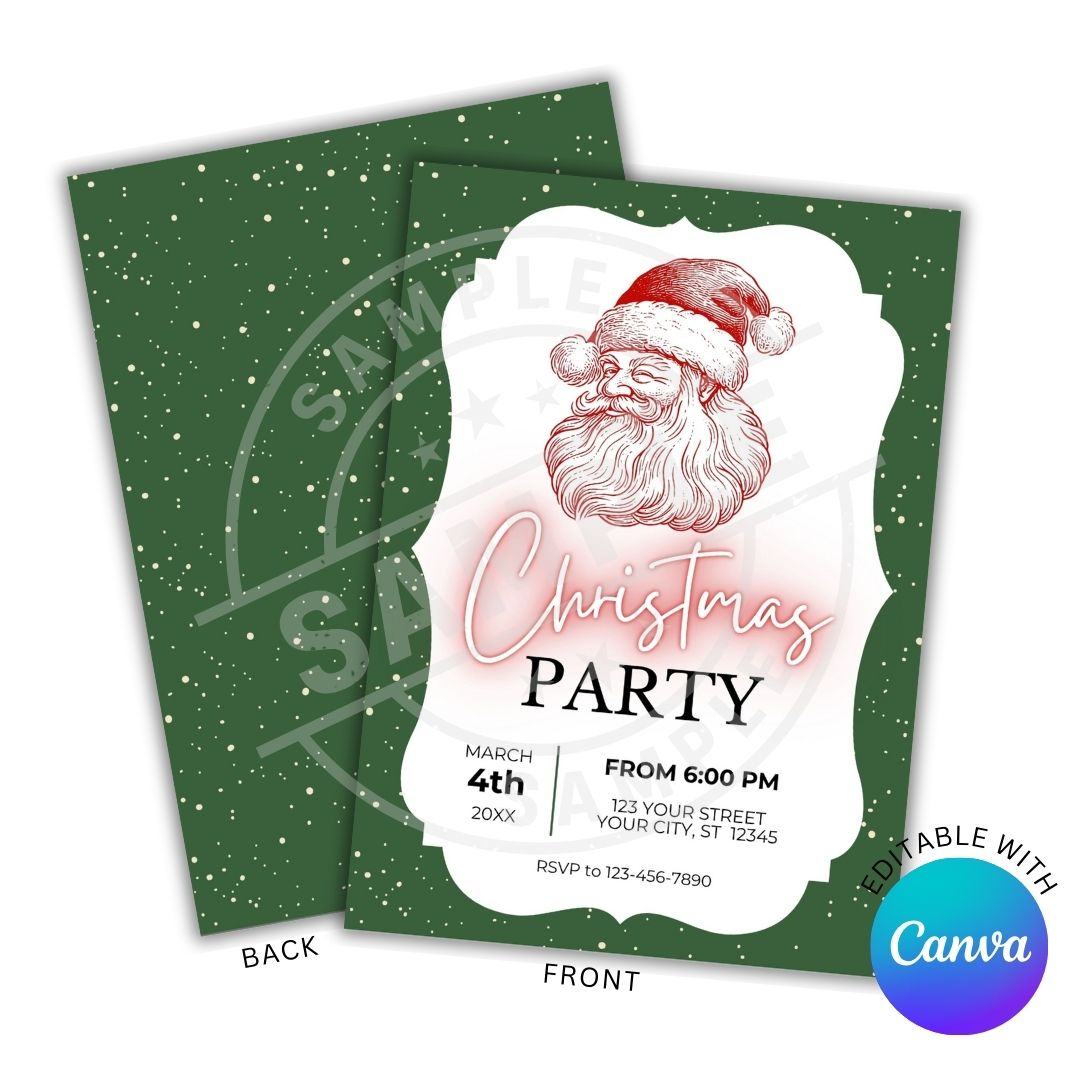 Christmas party invitation with Santa Claus design on a green background, featuring Canva branding.