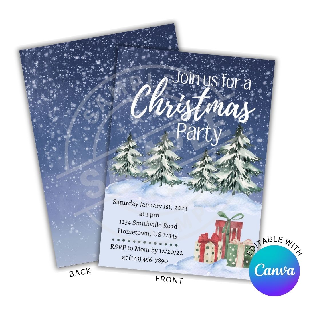 Christmas party invitation with snowy landscape and gift boxes, featuring Canva logo.
