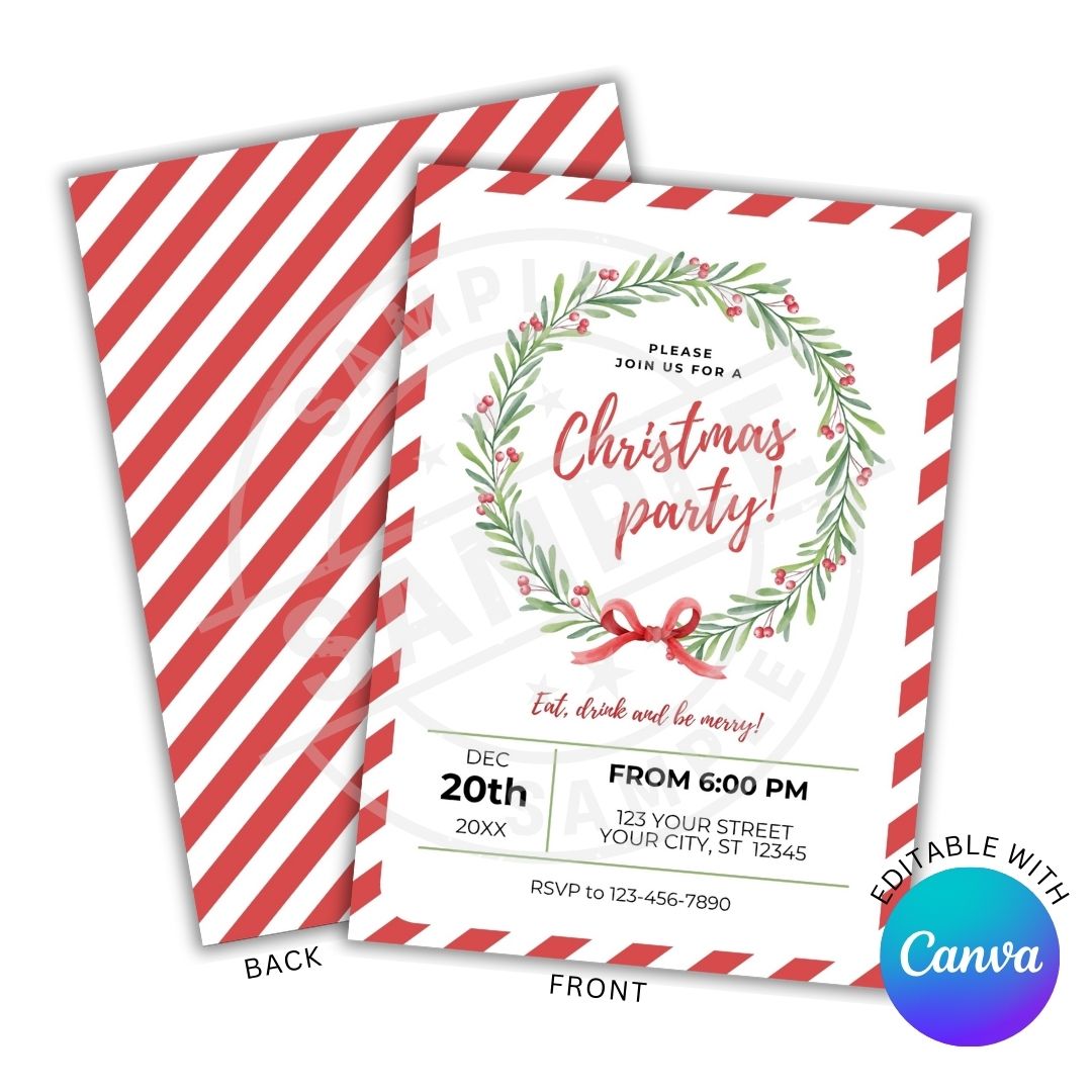 Christmas party invitation with red and white striped envelope
