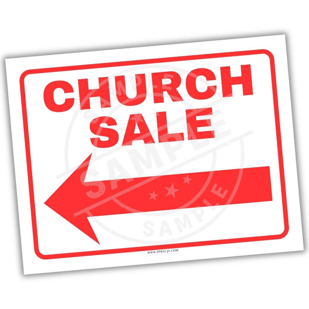 Red 'Church Sale' sign with an arrow on a white background