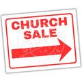 Red 'Church Sale' sign with an arrow on a white background