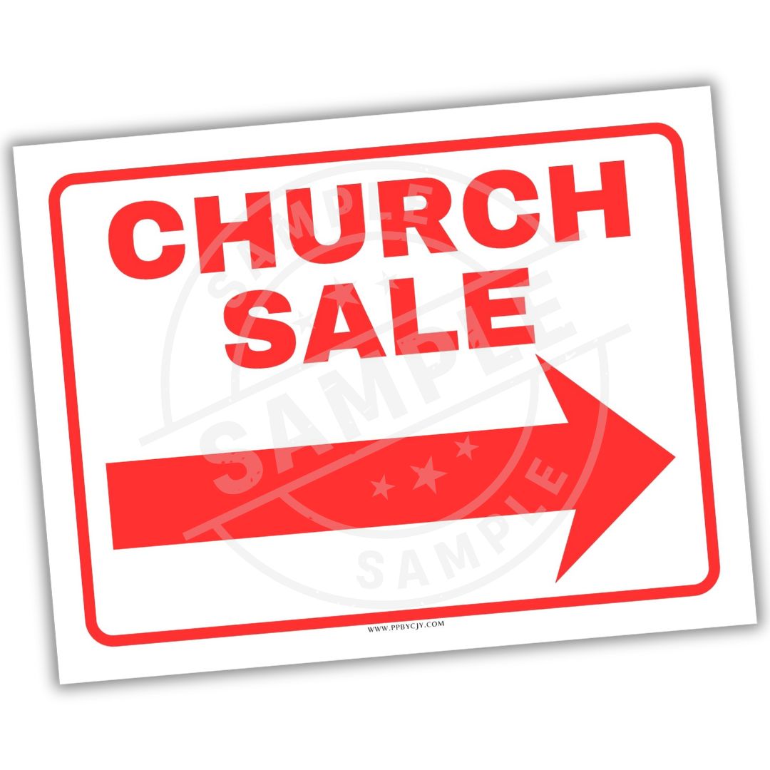 Red 'Church Sale' sign with an arrow on a white background