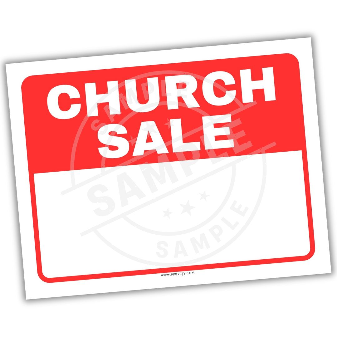Red and white 'Church Sale' sign on a white background