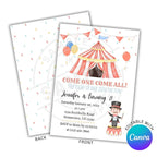 Circus-themed birthday invitation with a red and white striped tent and colorful balloons on a white background.