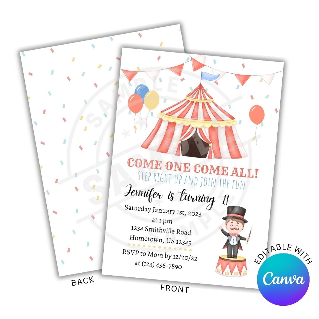 Circus-themed birthday invitation with a red and white striped tent and colorful balloons on a white background.