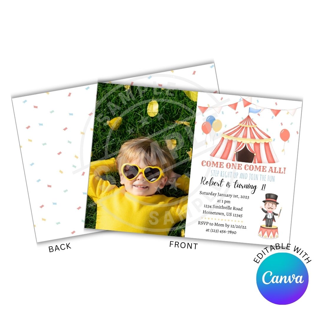 Circus-themed birthday invitation with a child in yellow shirt and heart sunglasses, featuring Canva branding.