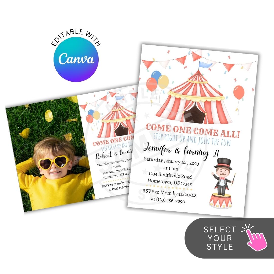 Circus-themed birthday invitation with editable text overlay on a white background