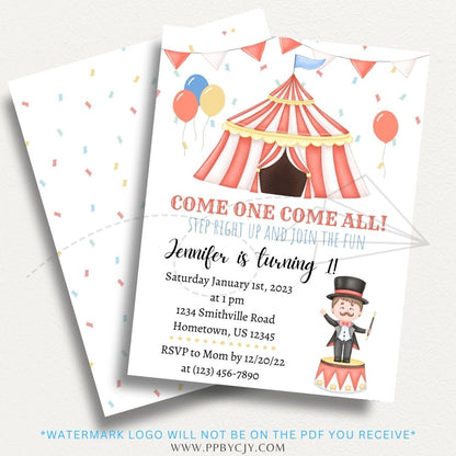 Circus Carnival Printable Invitation featuring a colorful carnival tent, vibrant stripes, and festive designs, perfect for birthday and carnival-themed parties.

