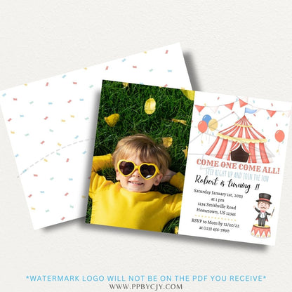 Circus Carnival Printable Invitation featuring a colorful carnival tent, vibrant stripes, and festive designs, perfect for birthday and carnival-themed parties.

