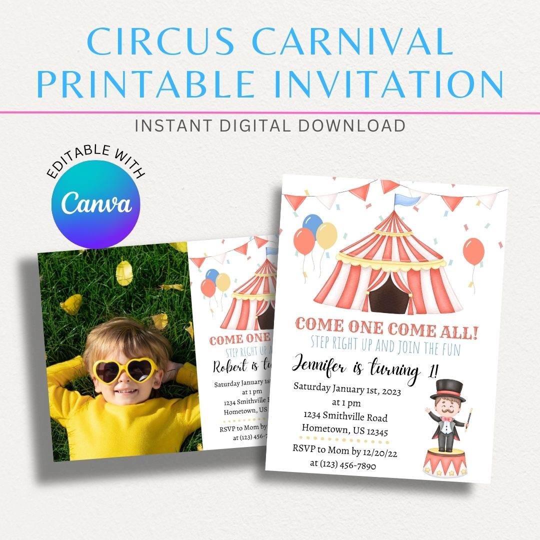 Circus Carnival Printable Invitation featuring a colorful carnival tent, vibrant stripes, and festive designs, perfect for birthday and carnival-themed parties.

